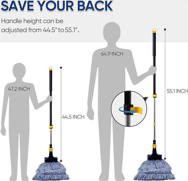 Alt view image 3 of 7 - Yocada Looped-End String Wet Mop Heavy Duty Cotton Mop Commercial Industrial Grade Telescopic Iron Pole Jaw Clamp Floor Cleaning 55.1 inch