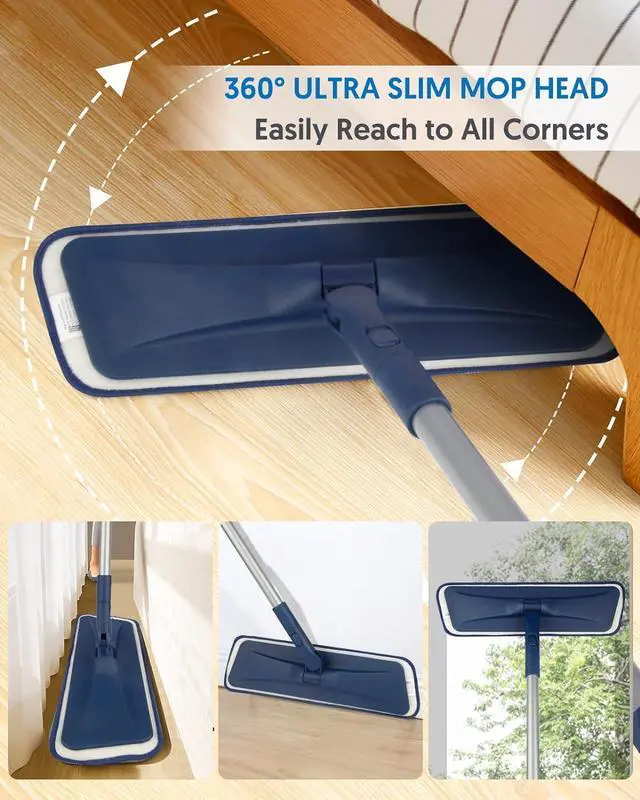 Alt view image 4 of 5 - Microfiber Mops for Floor Cleaning - BPAWA Flat Floor Mop Wet Dry Dust Mop for Hardwood Floors Laminate Wood Tile Vinyl Wall Hard Surface, Bathroom Kitchen Mop with 4 Reusable Washable Chenille Pads