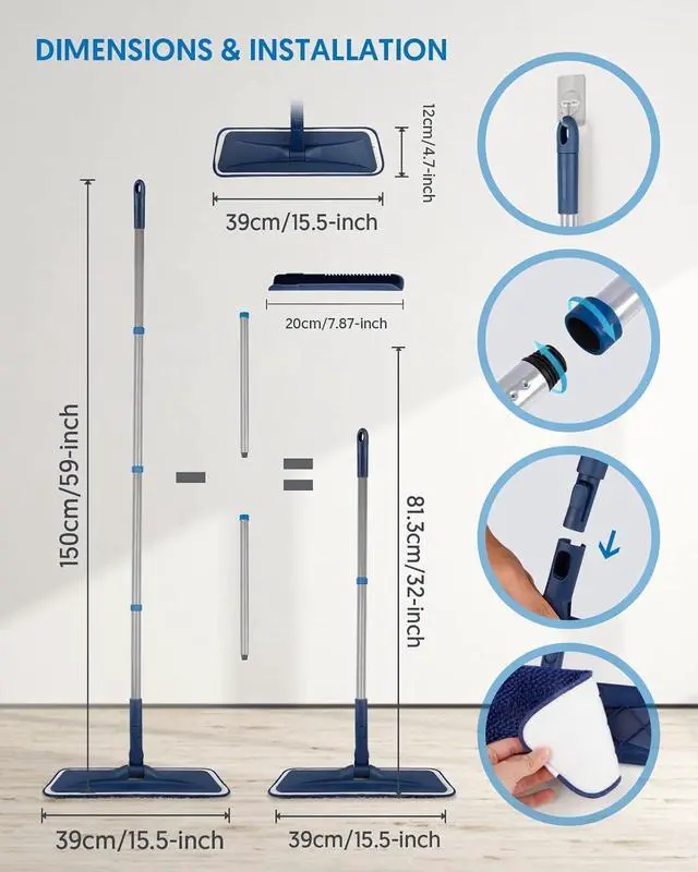 Alt view image 5 of 5 - Microfiber Mops for Floor Cleaning - BPAWA Flat Floor Mop Wet Dry Dust Mop for Hardwood Floors Laminate Wood Tile Vinyl Wall Hard Surface, Bathroom Kitchen Mop with 4 Reusable Washable Chenille Pads