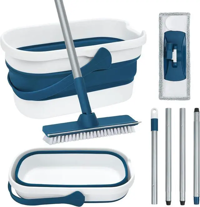 Main image of Collapsible Mop and Bucket Set with Scrub Mop and Brush, Tile Laminate Hardwood Floor Brush and Flat Mops for Floor Cleaning, Foldable Bucket with Washable Microfiber Mop(Blue)