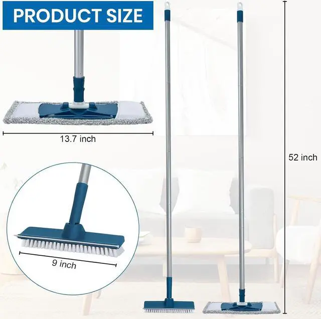 Alt view image 2 of 6 - Collapsible Mop and Bucket Set with Scrub Mop and Brush, Tile Laminate Hardwood Floor Brush and Flat Mops for Floor Cleaning, Foldable Bucket with Washable Microfiber Mop(Blue)