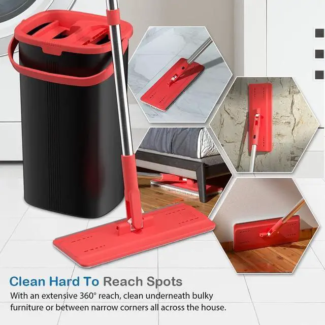 Alt view image 5 of 7 - TETHYS Flat Floor Mop and Bucket Set for Professional Home Floor Cleaning System with Aluminum Handle/2-Washable Microfiber Pads Perfect Home + Kitchen Cleaner for Hardwood, Laminate, Tiles, Vinyl