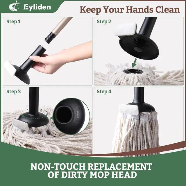 Alt view image 2 of 7 - Eyliden String Mop with 2 Reusable Mop Heads, Non-Touch Replacement, Adjustable Cotton Mops for Floor Cleaning, No-Scratch Absorbent Classic Mop for Tile Concrete Wood Floor Kitchen Bathroom