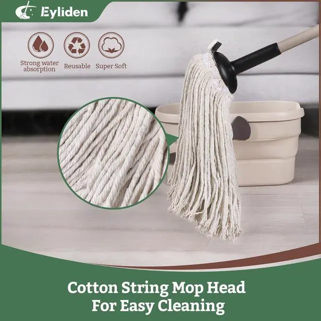 Alt view image 5 of 7 - Eyliden String Mop with 2 Reusable Mop Heads, Non-Touch Replacement, Adjustable Cotton Mops for Floor Cleaning, No-Scratch Absorbent Classic Mop for Tile Concrete Wood Floor Kitchen Bathroom