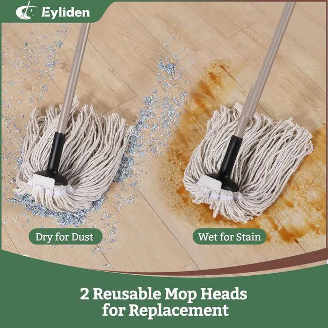 Alt view image 4 of 7 - Eyliden String Mop with 2 Reusable Mop Heads, Non-Touch Replacement, Adjustable Cotton Mops for Floor Cleaning, No-Scratch Absorbent Classic Mop for Tile Concrete Wood Floor Kitchen Bathroom