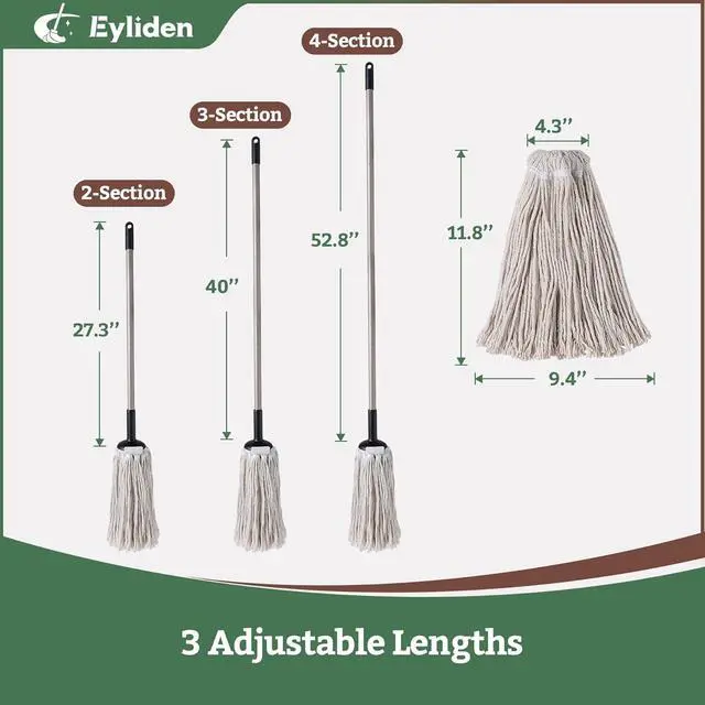 Alt view image 7 of 7 - Eyliden String Mop with 2 Reusable Mop Heads, Non-Touch Replacement, Adjustable Cotton Mops for Floor Cleaning, No-Scratch Absorbent Classic Mop for Tile Concrete Wood Floor Kitchen Bathroom
