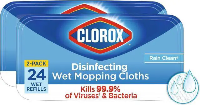 Main image of Clorox Disinfecting Wet Mop Pad, Disposable Mop Heads, Multi-Surface Floor Wipes, Rain Clean, 2 Packs, 24 Wet Refills Per Pack (Package May Vary)