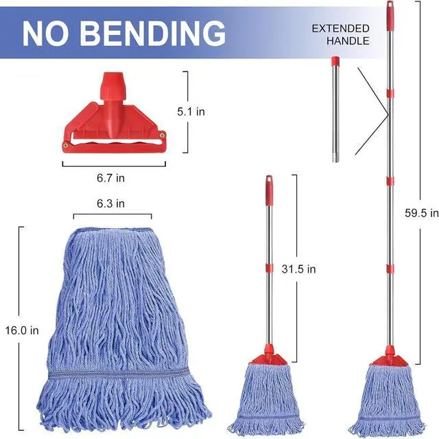 Alt view image 3 of 7 - Commercial Mop with 60" Mop Handle, Heavy Duty Industrial Cotton Mops for Floor Cleaning, Looped-End String Wet Mops for Home, Kitchen, Garage, Office, Workshop, Warehouse Concrete/Tile Floor