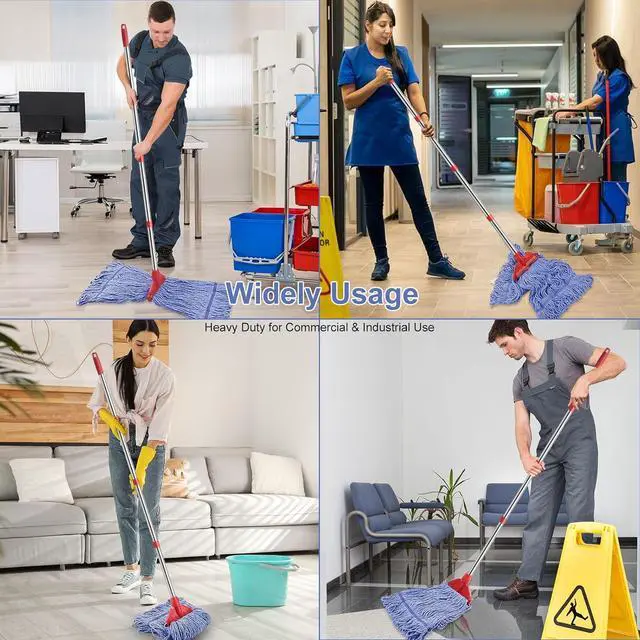Alt view image 5 of 7 - Commercial Mop with 60" Mop Handle, Heavy Duty Industrial Cotton Mops for Floor Cleaning, Looped-End String Wet Mops for Home, Kitchen, Garage, Office, Workshop, Warehouse Concrete/Tile Floor