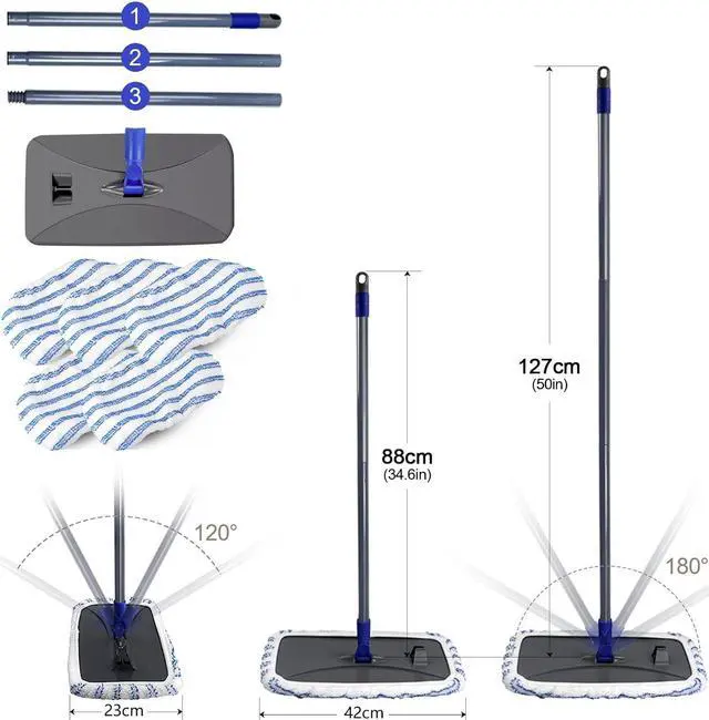 Alt view image 3 of 7 - Masthome Large Surface Microfiber Flat Mop with 5 Reusable Mop Heads Cleaning Comb and Telescopic Handle Household Mop for Hardwood Laminate Tile Ceramic Floor Cleaning
