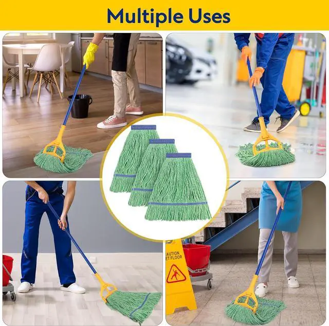 Alt view image 4 of 7 - Matthew Cleaning Heavy Duty Mop Head Commercial Replacement for General and Floor Cleaning, Wet Industrial Blue Cotton Looped End String Head Refill (Pack of 3) Green