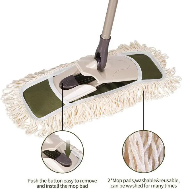 Alt view image 5 of 7 - Eyliden Dust Mop with Reusable Washable Pads - One Touch Replacement, Height Adjustable Handle, Total 2 Mop Cloths, Wet Dry Mops for Floor Cleaning, Hardwood, Laminate, Tile Floor Push Dust Broom
