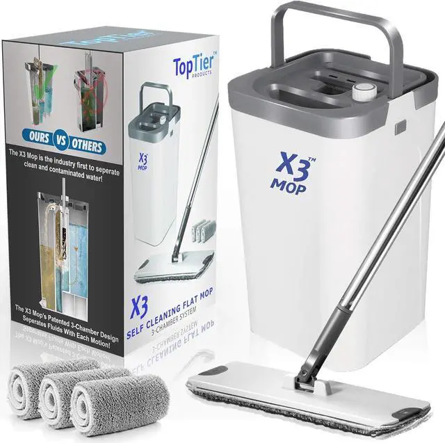 Main image of X3 Mop, Separates Dirty and Clean Water, 3-Chamber Design, Flat Mop and Bucket Set, Hands Free Home Floor Cleaning, 3 Reusable Microfiber Mop Pads Included