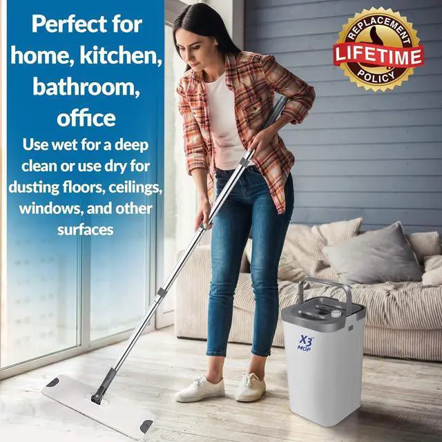 Alt view image 5 of 7 - X3 Mop, Separates Dirty and Clean Water, 3-Chamber Design, Flat Mop and Bucket Set, Hands Free Home Floor Cleaning, 3 Reusable Microfiber Mop Pads Included