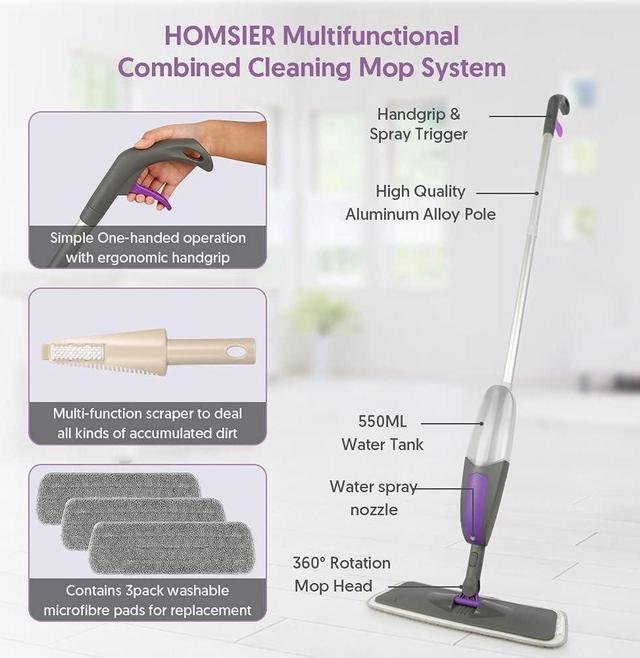 Alt view image 5 of 7 - Spray Mop for Floor Cleaning - HOMSIER Microfiber Floor Mops Wet Dry Flat Mop with 550ML Refillable Bottle 3 Washable Pads Replacement, Dust Mop for Wooden Laminate Tile Marble Kitchen Hard Floors