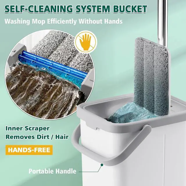 Alt view image 2 of 7 - Mop and Bucket with Wringer Set, Hands Free Flat Floor Mop and Bucket, 3 Washable Microfiber Pads Included, Wet and Dry Use, Home Floor Cleaning System for All Floor Types and Windows