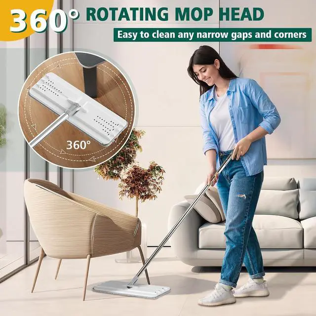 Alt view image 5 of 7 - Mop and Bucket with Wringer Set, Hands Free Flat Floor Mop and Bucket, 3 Washable Microfiber Pads Included, Wet and Dry Use, Home Floor Cleaning System for All Floor Types and Windows