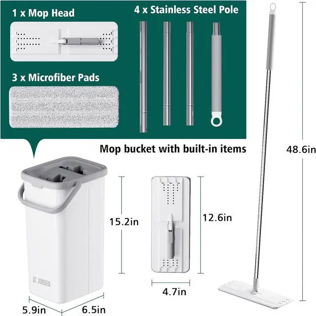 Alt view image 7 of 7 - Mop and Bucket with Wringer Set, Hands Free Flat Floor Mop and Bucket, 3 Washable Microfiber Pads Included, Wet and Dry Use, Home Floor Cleaning System for All Floor Types and Windows