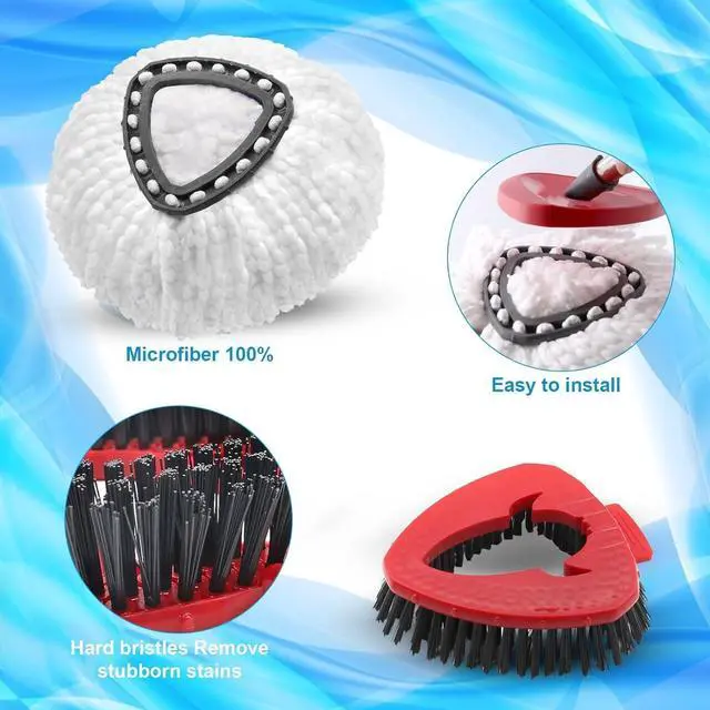 Alt view image 3 of 6 - Spin Mop Head and Brush Replacement Compatible with O Cedar EasyWring 1-Tank System, 4 Mop Replace Heads, 1 Mop Handle, 1 Mop Base and 1 Mop Base Scrub Brush Combo Set