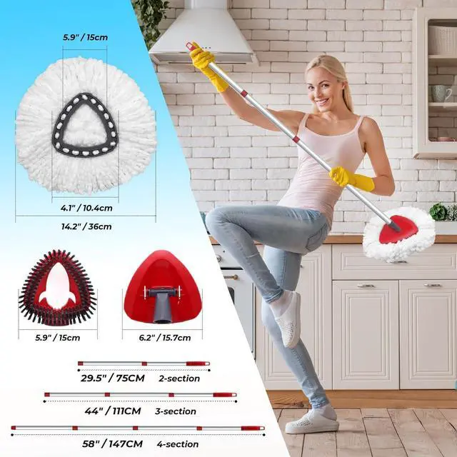 Alt view image 4 of 6 - Spin Mop Head and Brush Replacement Compatible with O Cedar EasyWring 1-Tank System, 4 Mop Replace Heads, 1 Mop Handle, 1 Mop Base and 1 Mop Base Scrub Brush Combo Set