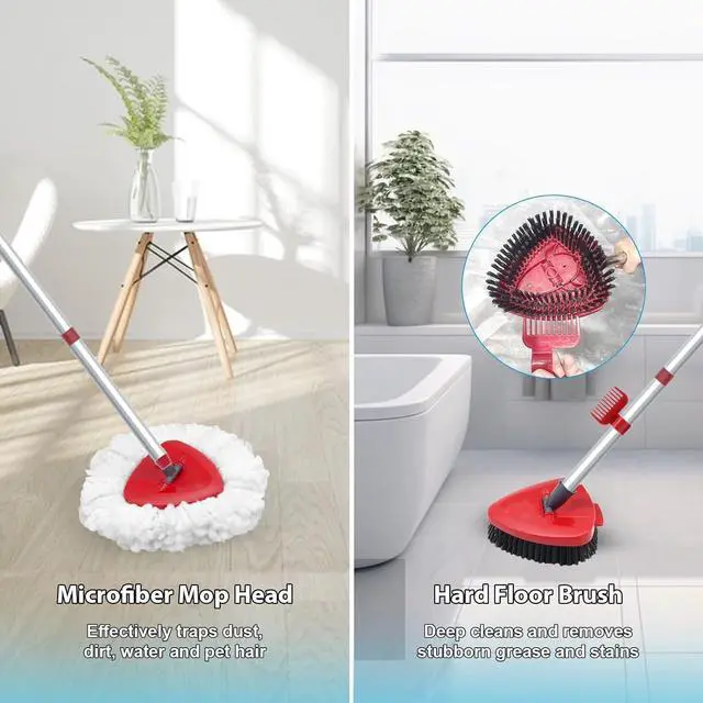 Alt view image 6 of 6 - Spin Mop Head and Brush Replacement Compatible with O Cedar EasyWring 1-Tank System, 4 Mop Replace Heads, 1 Mop Handle, 1 Mop Base and 1 Mop Base Scrub Brush Combo Set