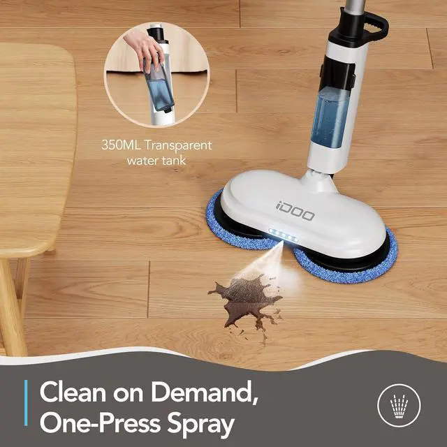 Alt view image 2 of 7 - iDOO Electric Mop, Upgraded Floor Scrubber Electric Spin Mop with LED Headlight, Rechargeable Dust Mop Cordless Dual-Motor Hardwood Floor Mop Spray Mop Clean up to 2350 ft², 46dB Quiet Clean & Waxing