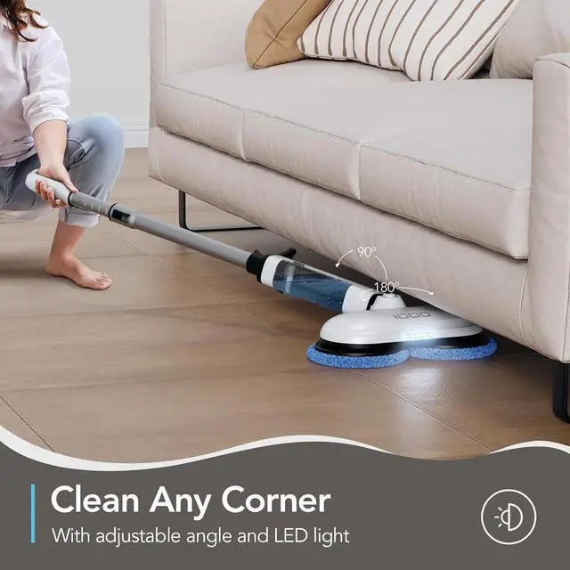 Alt view image 3 of 7 - iDOO Electric Mop, Upgraded Floor Scrubber Electric Spin Mop with LED Headlight, Rechargeable Dust Mop Cordless Dual-Motor Hardwood Floor Mop Spray Mop Clean up to 2350 ft², 46dB Quiet Clean & Waxing