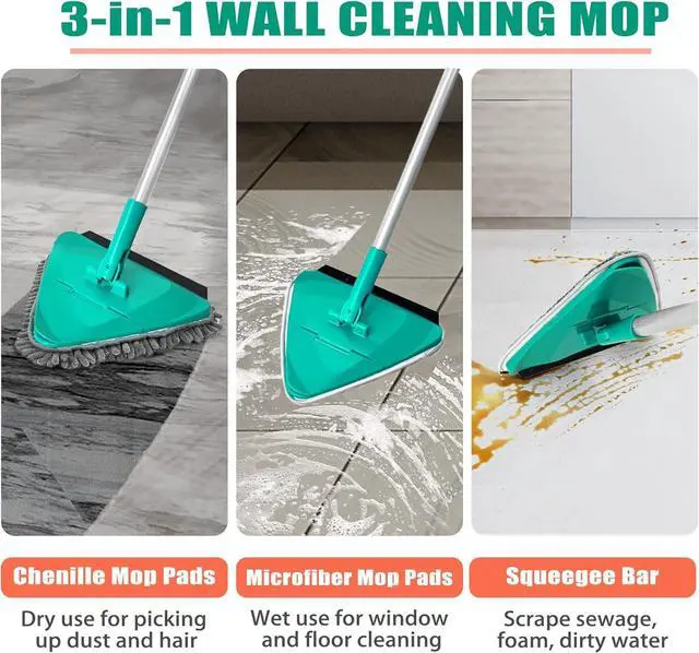 Alt view image 2 of 6 - JEHONN Wall Cleaner Mop with Long Handle 82 Inches, 3-in-1 Ceiling Cleaning Tool Duster with 6 Replacement Microfiber Chenille Pads for Painted Walls, Baseboard, Window, Floor (Green)