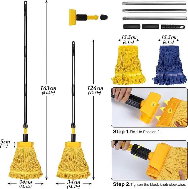 Alt view image 3 of 7 - Masthome Commercial Loop-End String Wet Mop, Industrial Grade Heavy Duty Floor Mop, 55'' Stainless Steel Pole Jaw Clamp for Floor Cleaning (Total 2 Pcs String Mop Heads)