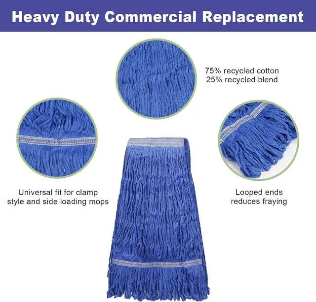 Alt view image 2 of 6 - 3 Pack Heavy Mop Replacement Head,Commercial Industrial Grade Blue Cotton Ring Heads,Cotton Looped End String Cleaning Mop Refills, Applied to Mop of Clamping Side-Loading Handles