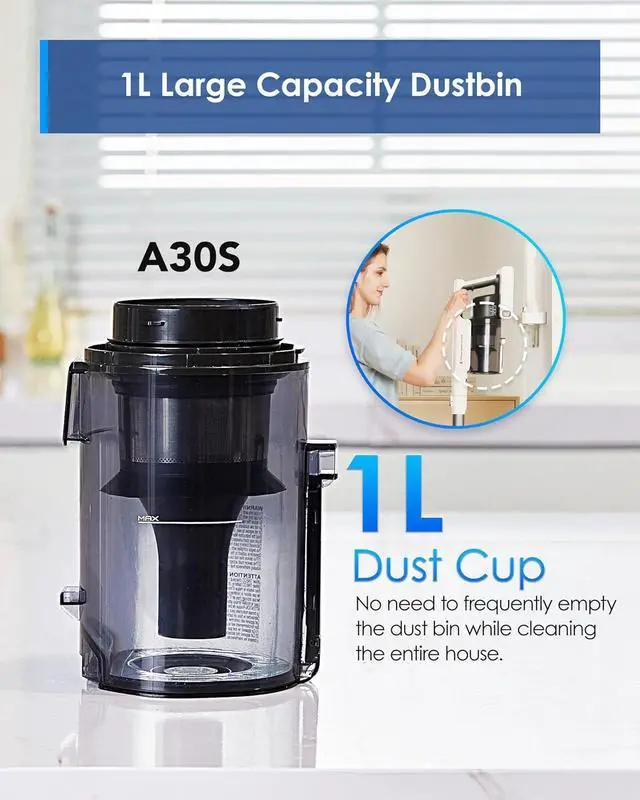 Alt view image 4 of 7 - Tineco A30S Cordless Stick Vacuum Cleaner, 160W Suction, 60Min Runtime, 1L Larger Dustbin, ZeroTangle Brush, PureCyclone Tech, LED Headlight