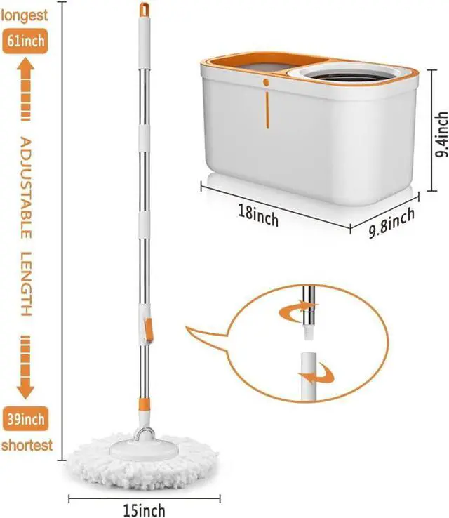 Alt view image 2 of 7 - Spin Mop Bucket with Wringer System Extended Mop Handle 61Mop and Bucket for Floors Cleaning with 5 Replacement Head Refill 1 Cleaning Brush Head