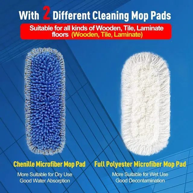 Alt view image 2 of 7 - Dust Mop for Floor Cleaning Microfiber Professional Dry & Wet Flat Mops for Tile Floors with a Extra Chenille Refill Mopping Pad for Hardwood,Tile,Marble Floor