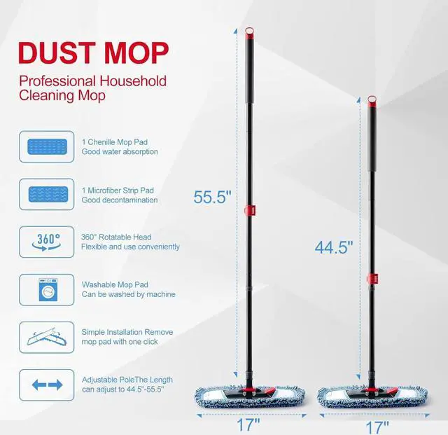 Alt view image 5 of 7 - Dust Mop for Floor Cleaning Microfiber Professional Dry & Wet Flat Mops for Tile Floors with a Extra Chenille Refill Mopping Pad for Hardwood,Tile,Marble Floor