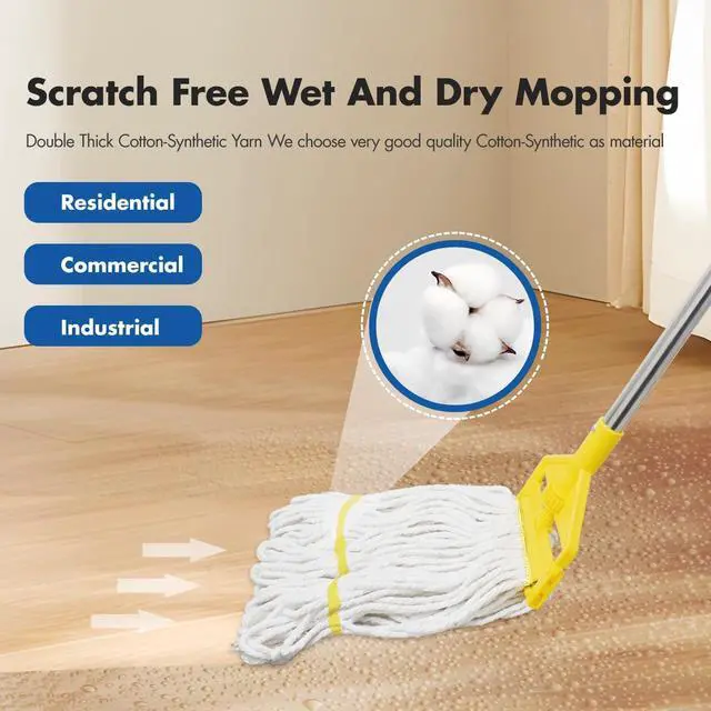 Alt view image 2 of 7 - KULED Heavy Duty Industrial Mop, Commercial Mop with Long Handle, Cotton Mop with 2 Mop Heads, Looped-End String Wet Mops for Floor Cleaning, Workshop, Warehouse, Home and Garage
