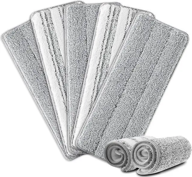 Main image of Flat Mop Pads, 5 Pack 13" X 4.9" Flat Mop Microfiber Mop Head/Refill/Pad, Washable Squeeze Cleaning Mop Pads Replacement Heads - White and Grey