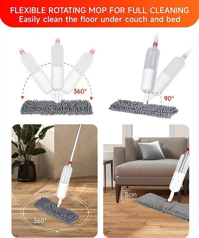 Alt view image 4 of 7 - Mops for Floor Cleaning, Spray Mop Floor Mop for Effortless Floor Cleaning - Wet & Dry, 3 Reusable Double Side Microfiber Washable Pads, for Laminate, Ceramic, Vinyl, Tile - Home & Commercial Use