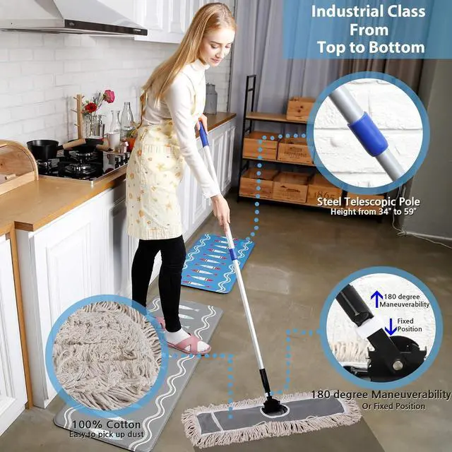 Alt view image 2 of 7 - 24" Industrial Cotton Floor Dust Mop with adjustable Steel Handle - Commercial Mops for Hardwood, Tiles, Laminate, Vinyl, Garage epoxy, Bamboo surface cleaning and Flooring Push Dust Broom