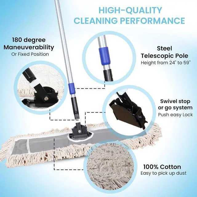 Alt view image 5 of 7 - 24" Industrial Cotton Floor Dust Mop with adjustable Steel Handle - Commercial Mops for Hardwood, Tiles, Laminate, Vinyl, Garage epoxy, Bamboo surface cleaning and Flooring Push Dust Broom