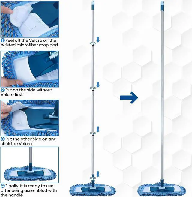 Alt view image 4 of 6 - Dust Mop for Hardwood Floors with 57" Long Handle Wet & Dry Mops for Catching Pet Hair and Dust Bunny Microfiber Flat Mops for Vinyl, Wood, Tile, Laminate Flooring