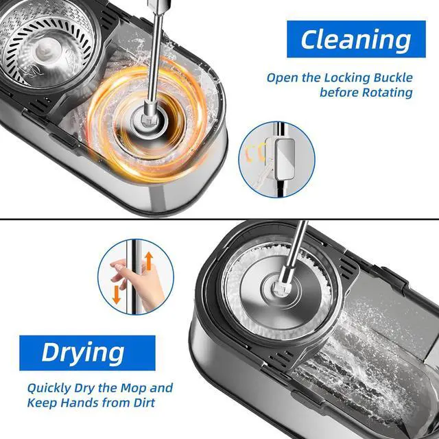 Alt view image 2 of 7 - Spin Mop and Bucket with Wringer Set for Home,360° Mop and Bucket with Separate Clean and Dirty Water,Wet Dust Mop for Floor Cleaning with Extra Refills (Silver with 6 Pads)