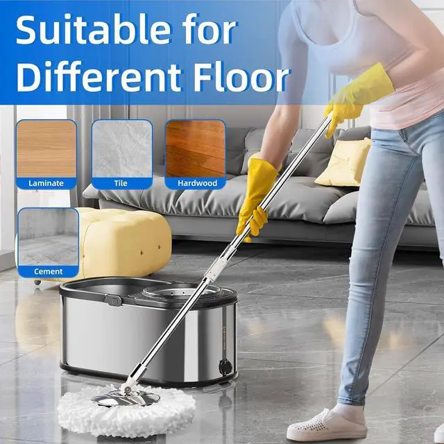 Alt view image 6 of 7 - Spin Mop and Bucket with Wringer Set for Home,360° Mop and Bucket with Separate Clean and Dirty Water,Wet Dust Mop for Floor Cleaning with Extra Refills (Silver with 6 Pads)