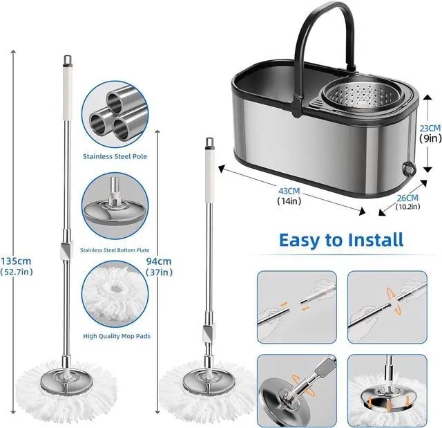 Alt view image 7 of 7 - Spin Mop and Bucket with Wringer Set for Home,360° Mop and Bucket with Separate Clean and Dirty Water,Wet Dust Mop for Floor Cleaning with Extra Refills (Silver with 6 Pads)