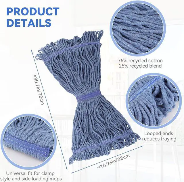 Alt view image 3 of 7 - Commercial Heavy Duty Mop Heads Replacement for Rubbermaid: 6 Packs Industrial Wet Mop Head for Floor Cleaning - Cotton Commercial Products Wet Mop Refills