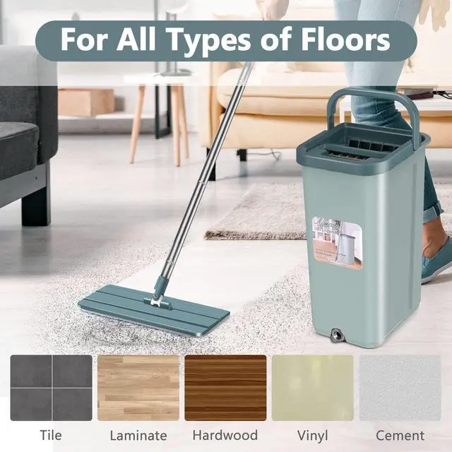 Alt view image 6 of 7 - Aifacay Floor Mop and Bucket Set, Flat Mop Bucket System 8 Reusable Microfiber Mop Pads Home Hardwood Mop and Bucket with Wringer Extended Stainless Steel Handle Mop for Wood, Vinyl