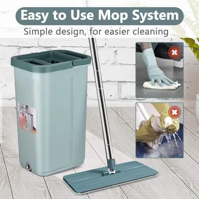 Alt view image 7 of 7 - Aifacay Floor Mop and Bucket Set, Flat Mop Bucket System 8 Reusable Microfiber Mop Pads Home Hardwood Mop and Bucket with Wringer Extended Stainless Steel Handle Mop for Wood, Vinyl