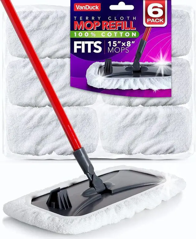 Main image of VanDuck 100% Cotton Terry Cloth Mop Pads 15x8 Inch 6-Pack (Handle is Not Included)