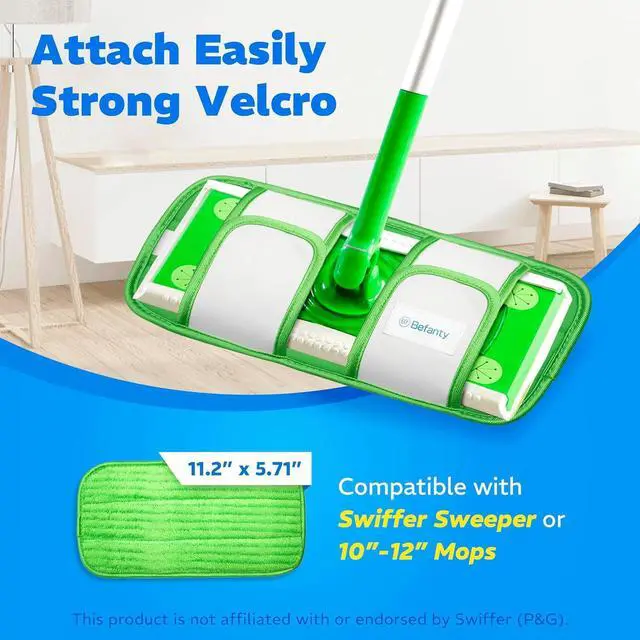 Alt view image 2 of 7 - 4 Pack Reusable Microfiber Mop Pads, Compatible with Swiffer Sweeper, Machine Washable Cloths, Scraper Included, Refills for All Floor Cleaning, Hook and Loop, Wet Dry - 10"- 12"