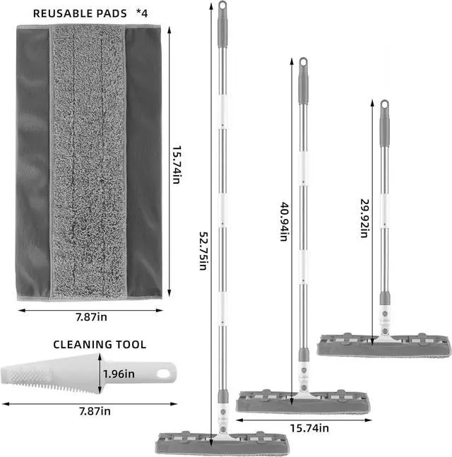 Alt view image 3 of 7 - 15" Microfiber Mops for Floor Cleaning, Floor Mops with 4 Washable Pads & Stainless Steel Long Handle, Professional Home Commercial Wood Floor Mop for Tiles Vinyl Wood Hardwood