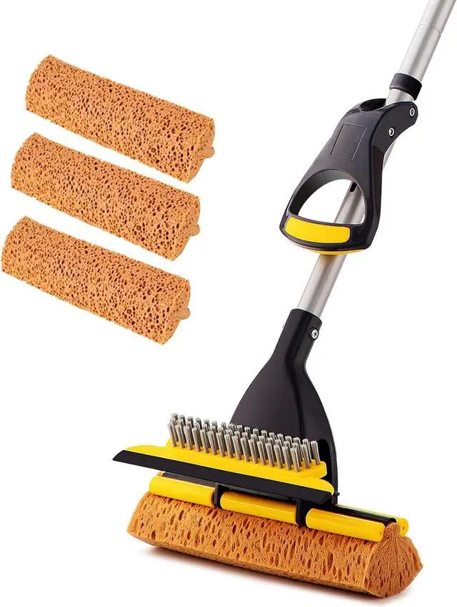 Main image of Yocada Sponge Mop Home Commercial Use Tile Floor Bathroom Garage Cleaning Total 3 Sponge Heads Squeegee and Extendable Telescopic Long Handle 42.5 to 52 Inches Easily Dry Wringing Only 3 Heads